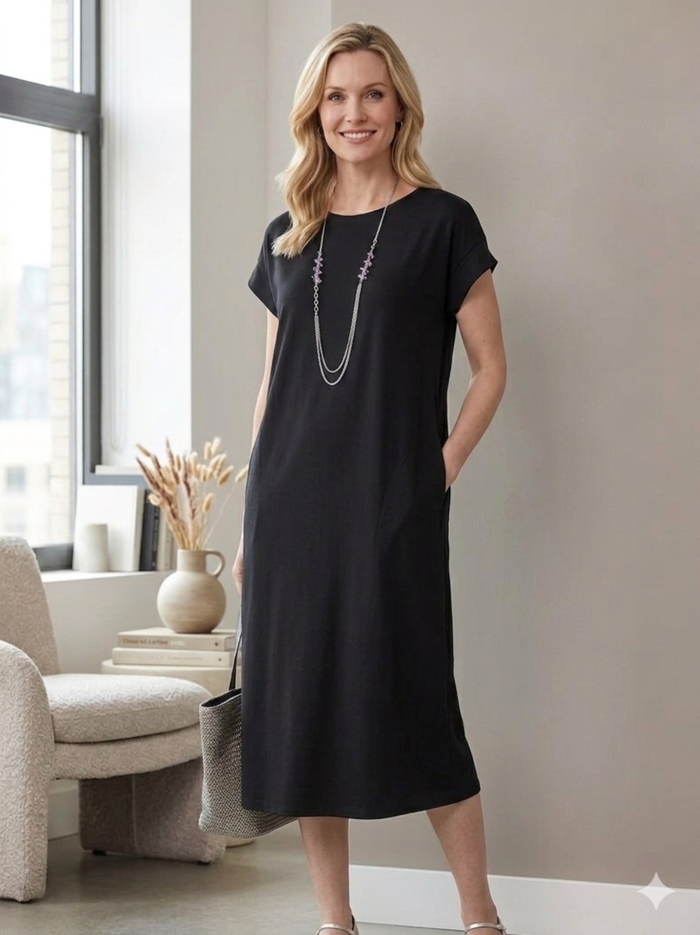 A New Day Black Midi Shift Dress with Short Sleeves